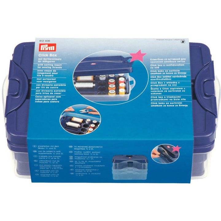 Click-Box with sorting insert for sewing threads approx. 24x16.5x8 cm transparent/plum blue