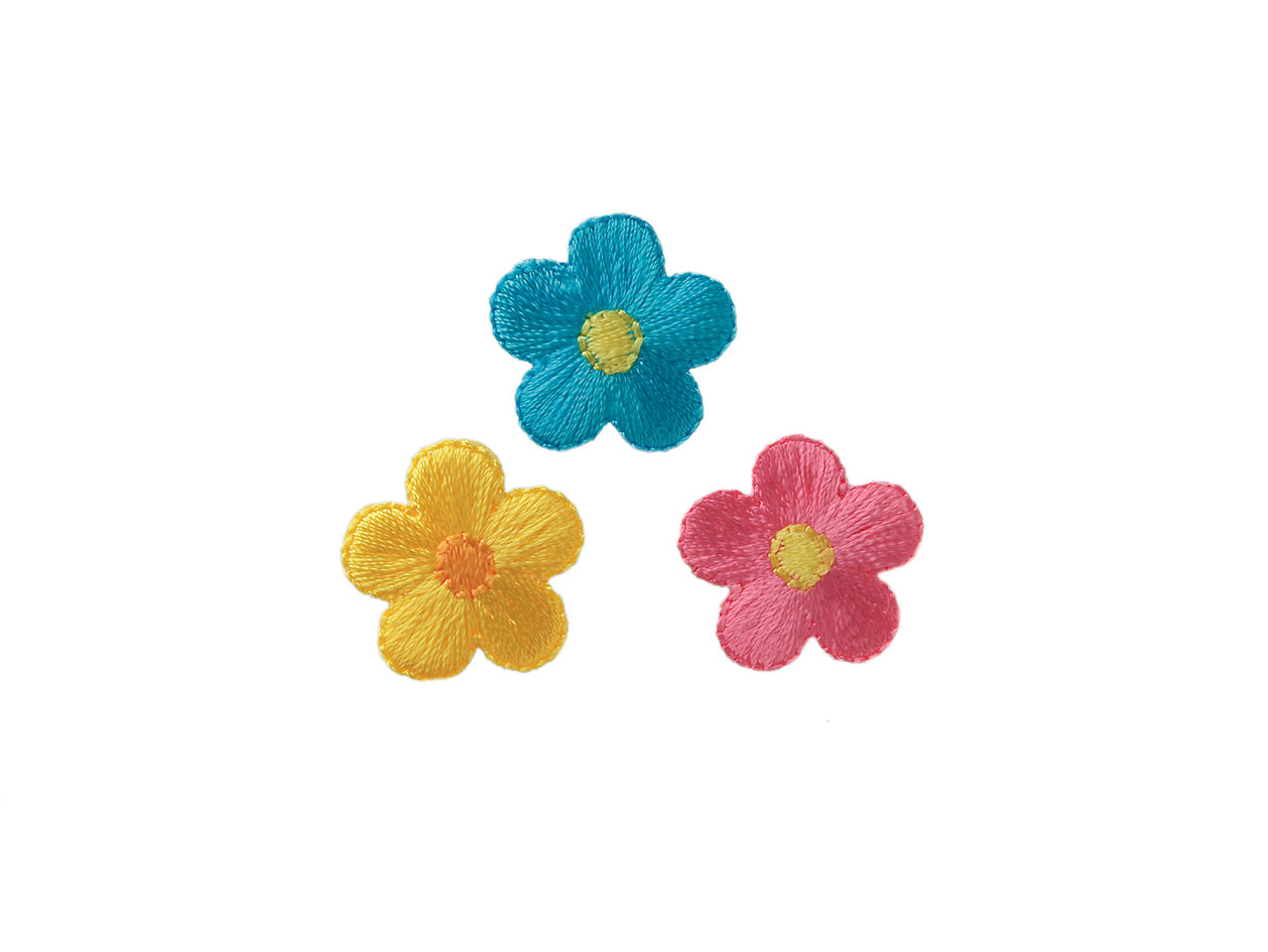 Applikationen - Kids and Hits - aufbügelbar Blüten ca. 2,5x2,5 cm blau/gelb/pink 3 Stück