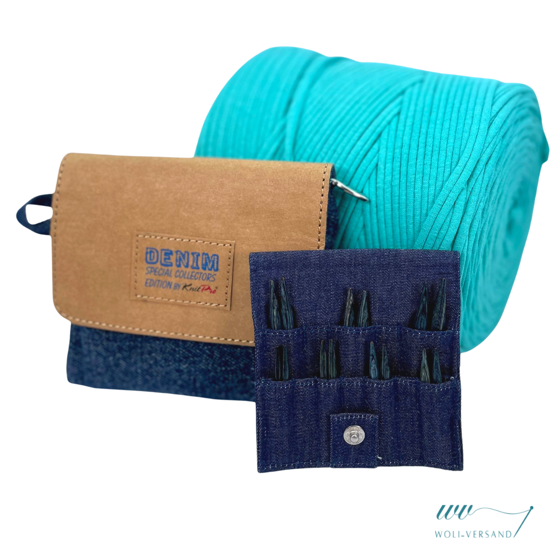 Needle set Indigo Wood Short IC interchangeable needle tips wood, 7 pairs 3.0 - 6.0 mm + accessories denim fabric bag