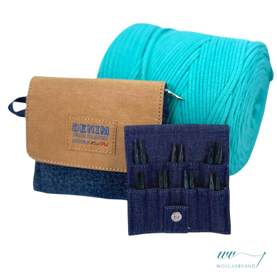 Needle set Indigo Wood Short IC interchangeable needle tips wood, 7 pairs 3.0 - 6.0 mm + accessories denim fabric bag