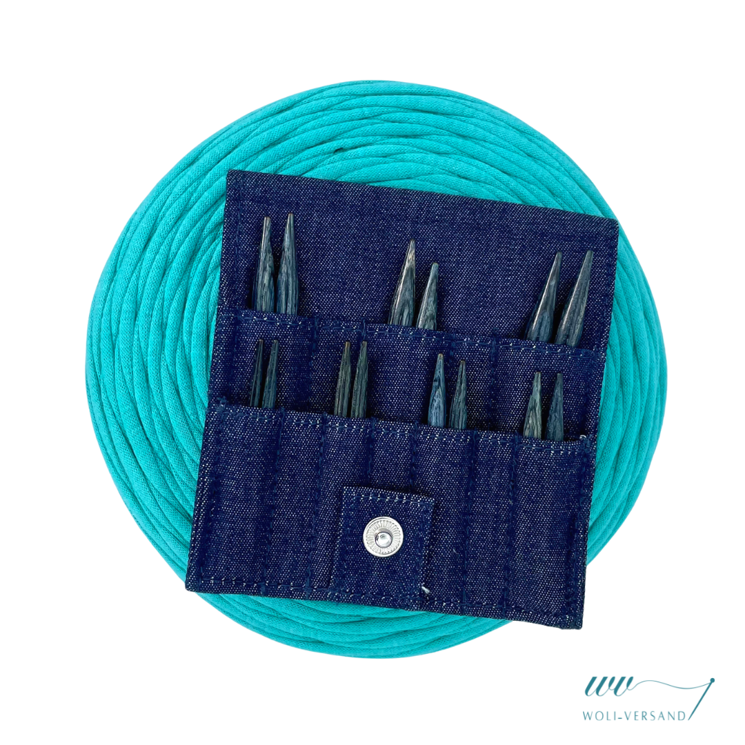 Needle set Indigo Wood Short IC interchangeable needle tips wood, 7 pairs 3.0 - 6.0 mm + accessories denim fabric bag
