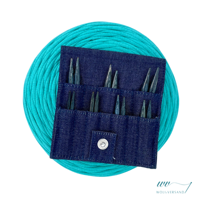 Needle set Indigo Wood Short IC interchangeable needle tips wood, 7 pairs 3.0 - 6.0 mm + accessories denim fabric bag