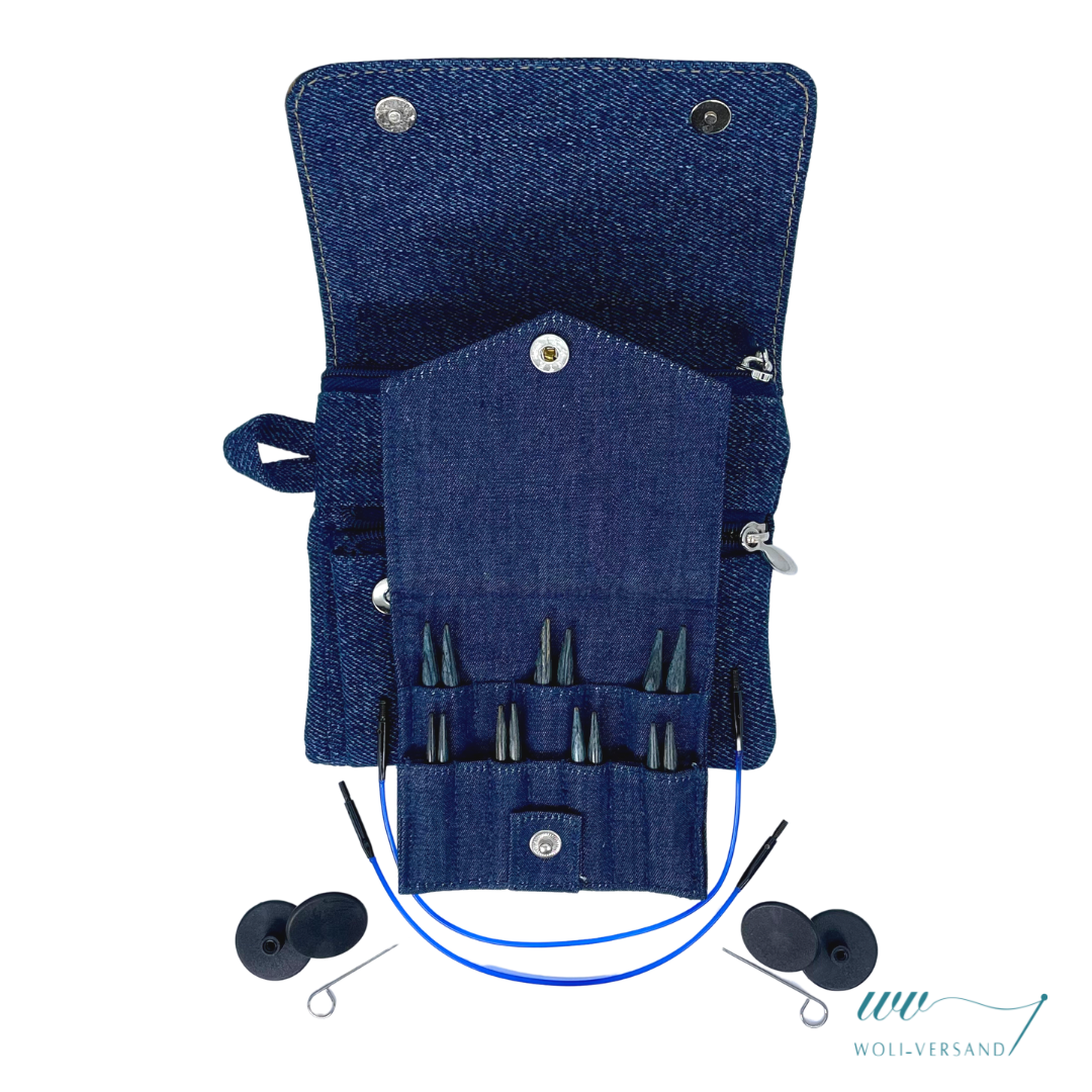 Needle set Indigo Wood Short IC interchangeable needle tips wood, 7 pairs 3.0 - 6.0 mm + accessories denim fabric bag