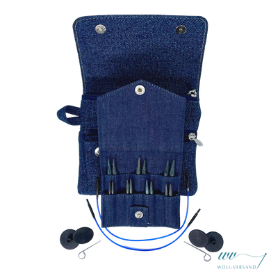 Needle set Indigo Wood Short IC interchangeable needle tips wood, 7 pairs 3.0 - 6.0 mm + accessories denim fabric bag